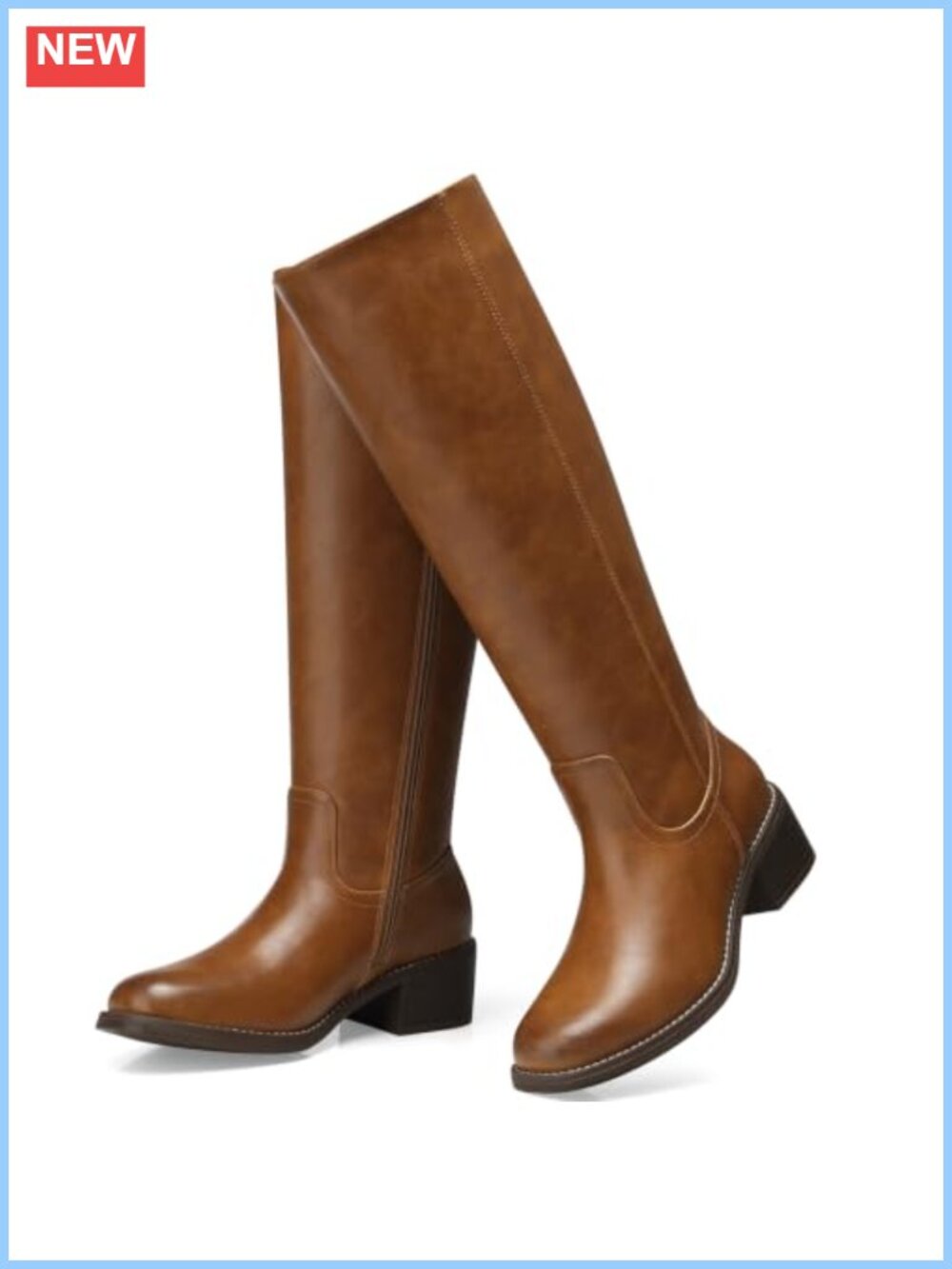 Women's Knee High Boots Faux Leather Low Block Heel Square Toe Side Zip